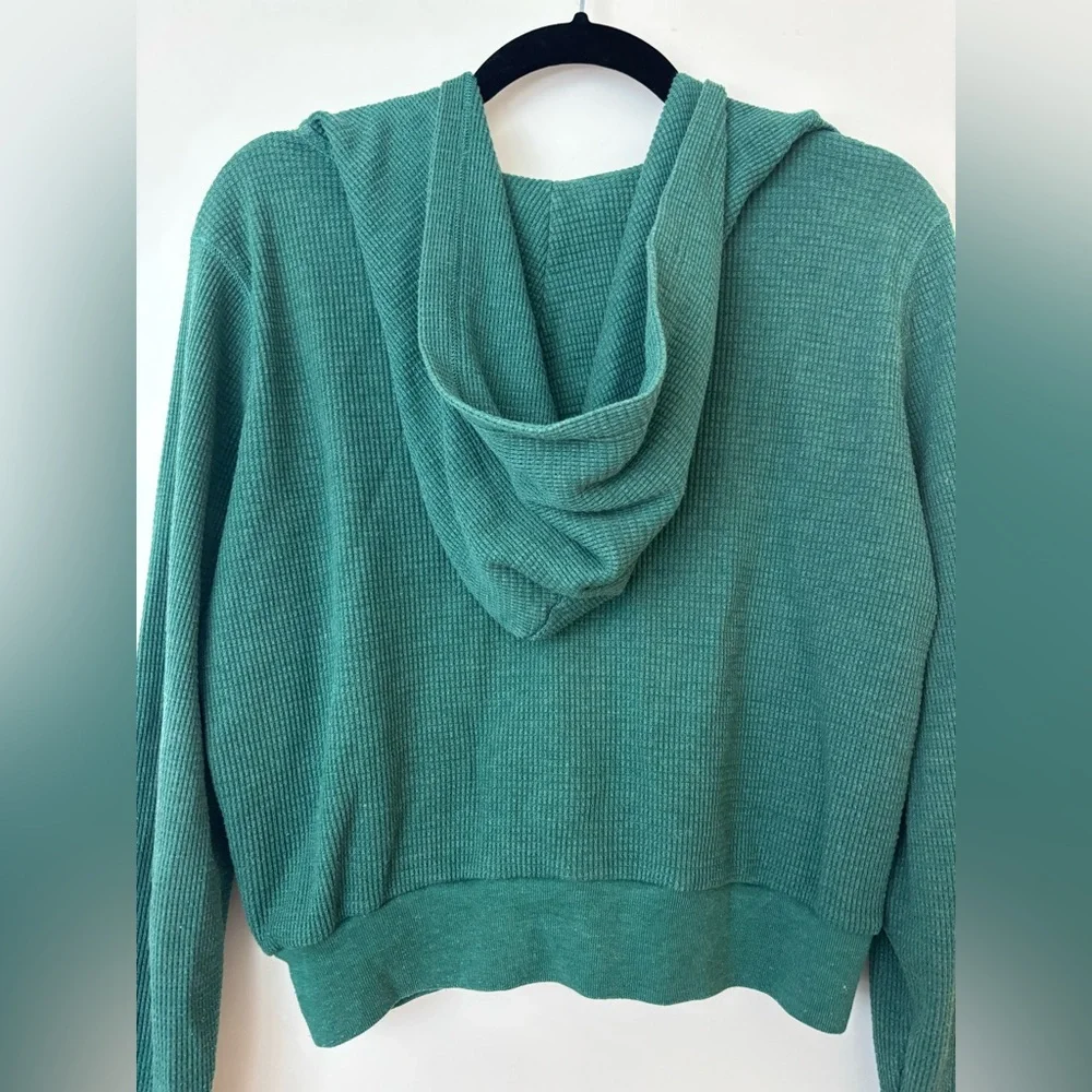 TNA Waffle Knit Full Zip Hoodie Women L Green Cotton Blend Crop Athleisure 408 - Picture 4 of 4